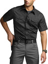 CQR men's short sleeve tactical shirt in black with button-down front and pockets, breathable and ripstop fabric for outdoor use.
