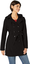 Sebby Collection Women's Soft Shell Trench Coat with Detachable Hood, featuring wind and water-resistant polyester, classic double-breasted design, and adjustable belted waist.