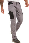 Mens lightweight work cargo pants with multiple pockets, gray and black design, ideal for construction and casual use.