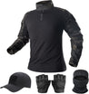 Mens tactical camo shirt set with long sleeve combat shirt, cap, gloves, balaclava, and 1/4 zip military top for airsoft gear.