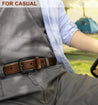 Genuine leather men's belt in a casual outfit, emphasizing versatility and style with a durable buckle.