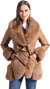 Women's faux leather coat with faux fur collar, belted mid-length, fur-lined, with hood.